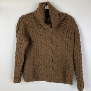 Inis Crafts 100% Merino Wool Cable Knit Brown Sweater Size Medium Cowl Neck